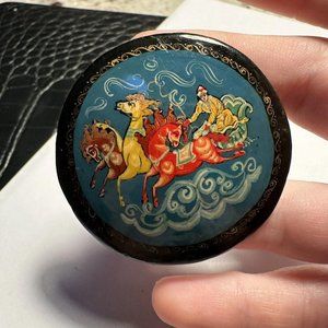Hand Painted Lacquer Horses And Chariot Black / Blue Brooch